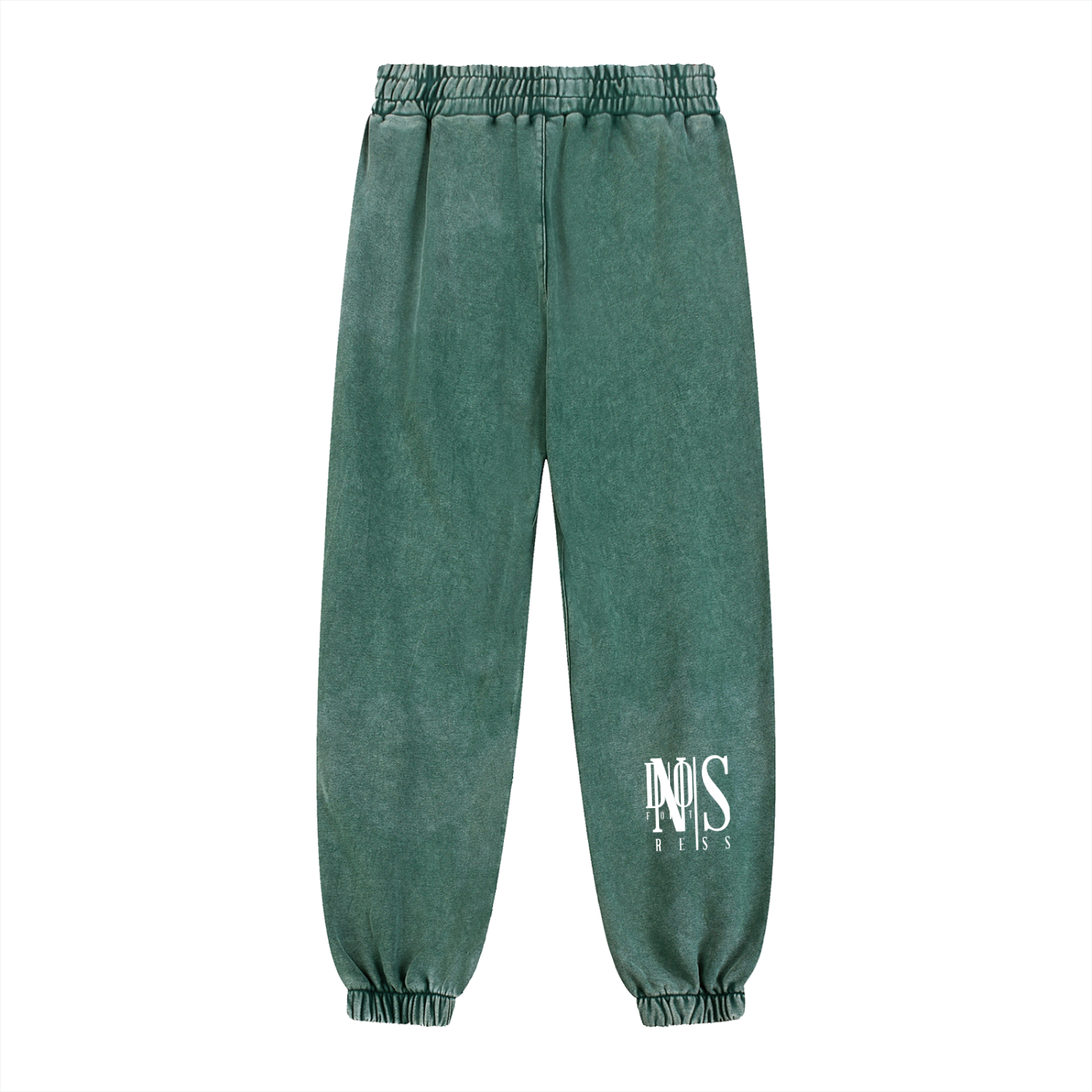 Green sweatpants with a logo on a white background