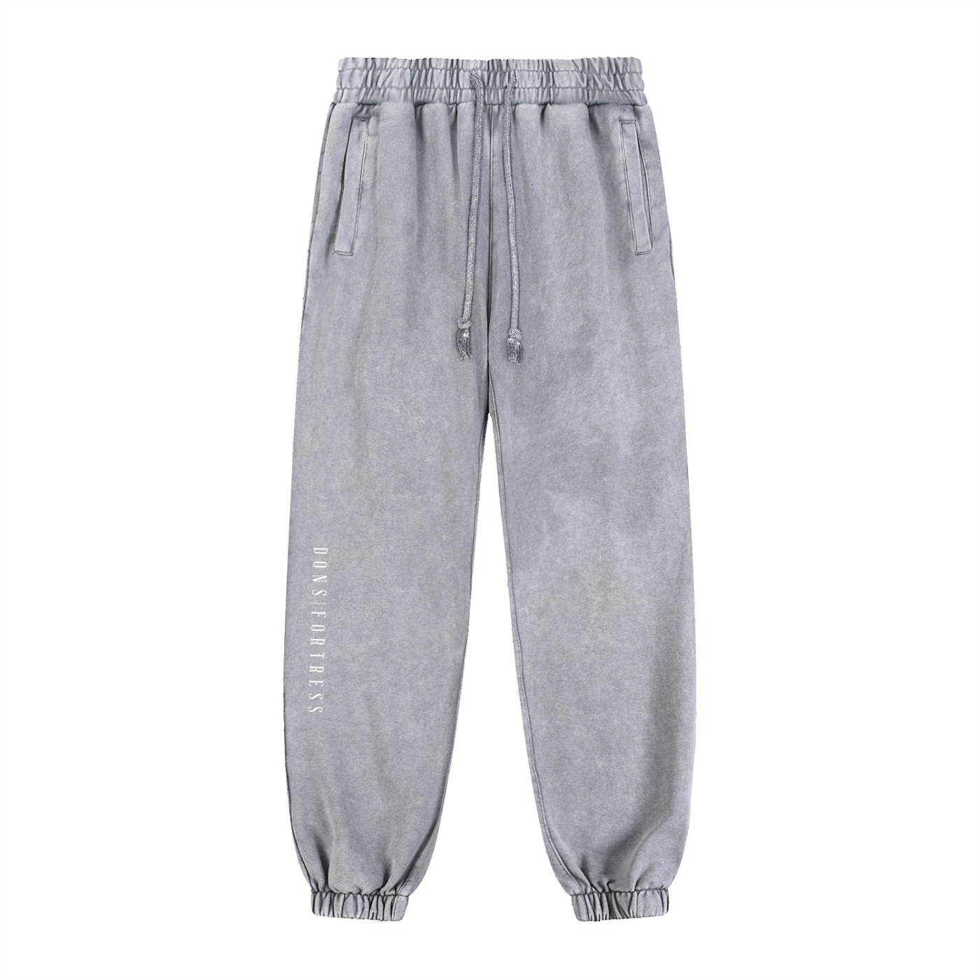 Gray sweatpants with a drawstring on a white background