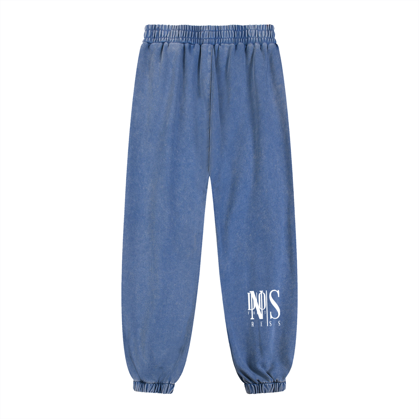 Blue sweatpants with a logo on a white background