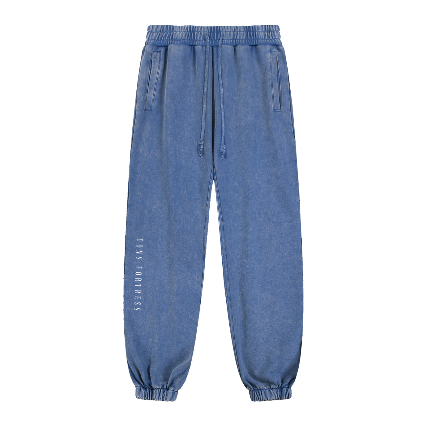 Blue denim jogger pants on a white background
