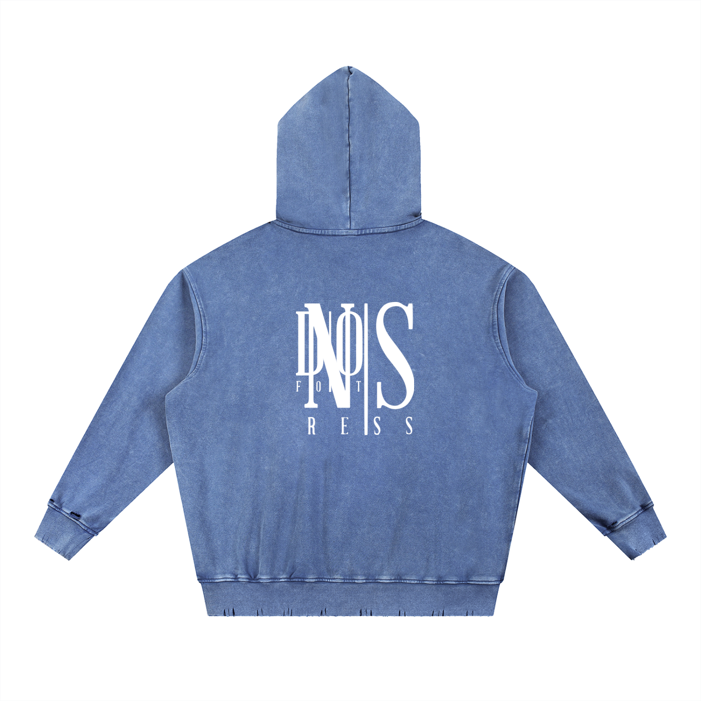 Blue hoodie with a logo on the back against a white background