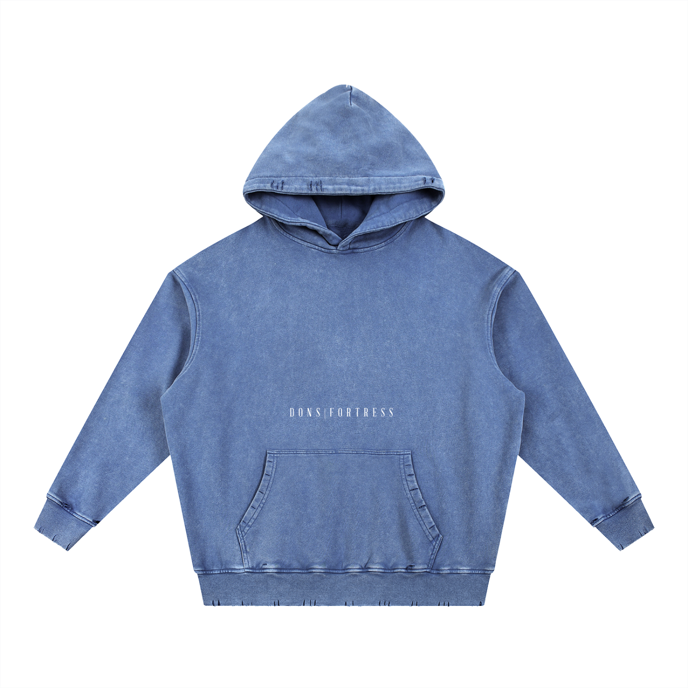Blue hoodie with a brand logo on a white background