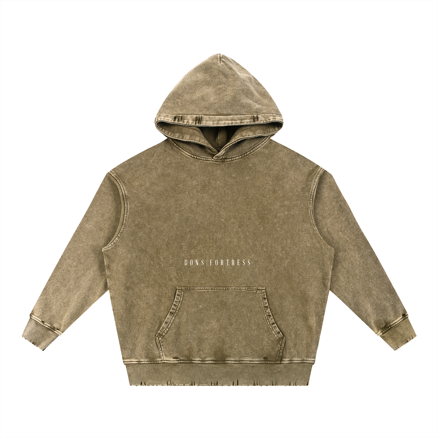 Olive green hoodie with 'Dons Fortress' text on a white background