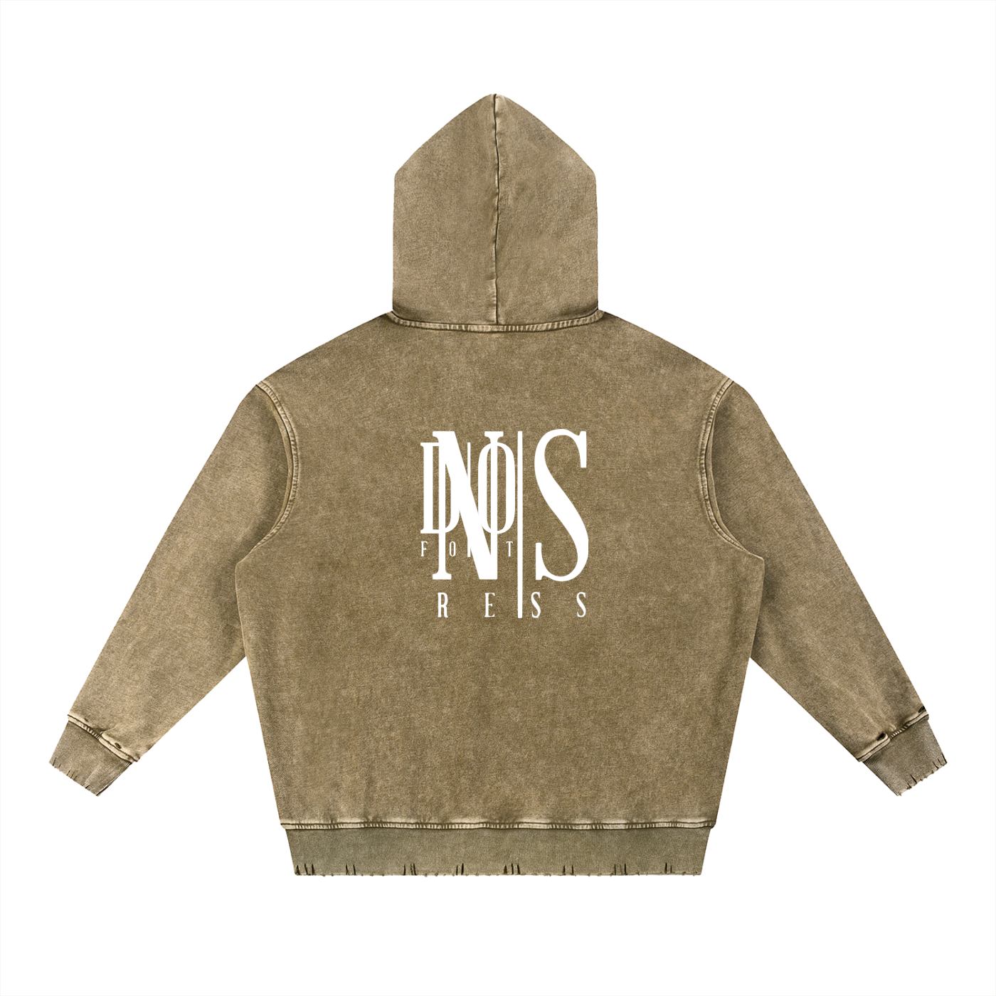 Brown hoodie with a logo on the back against a white background