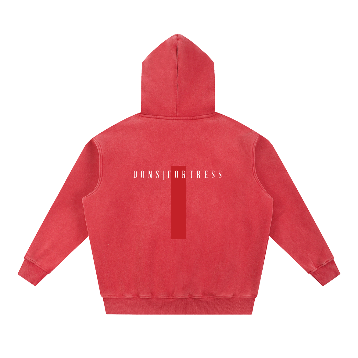 Red hoodie with a brand logo on the back against a white background