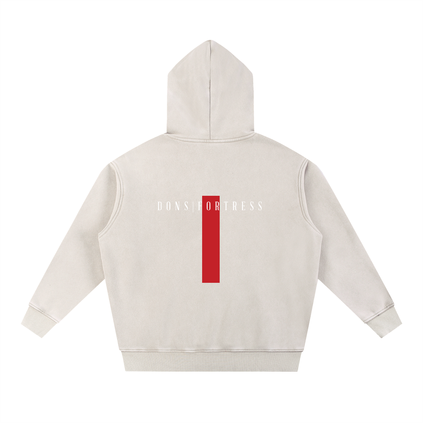 Beige hoodie with a red and white logo on the back against a white background