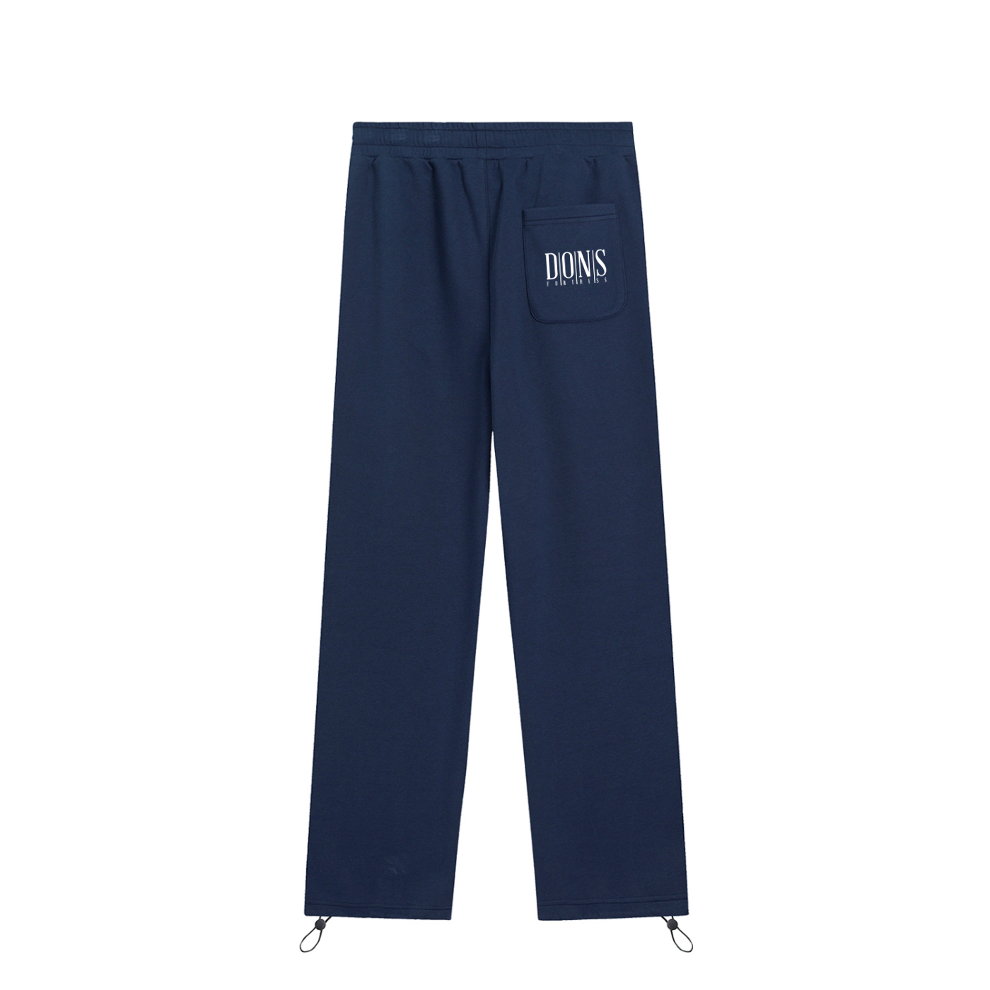 Navy blue pants with a brand logo on a white background