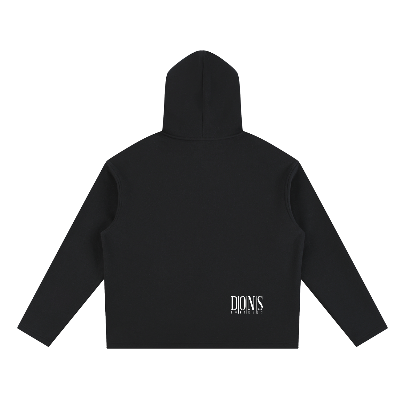 Black hoodie with logo on the back against a white background