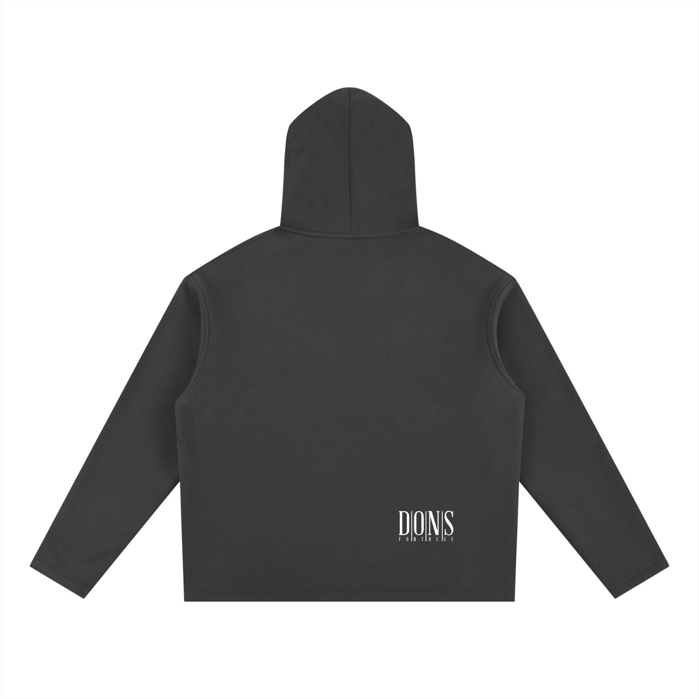 Black hoodie with logo on the back against a white background