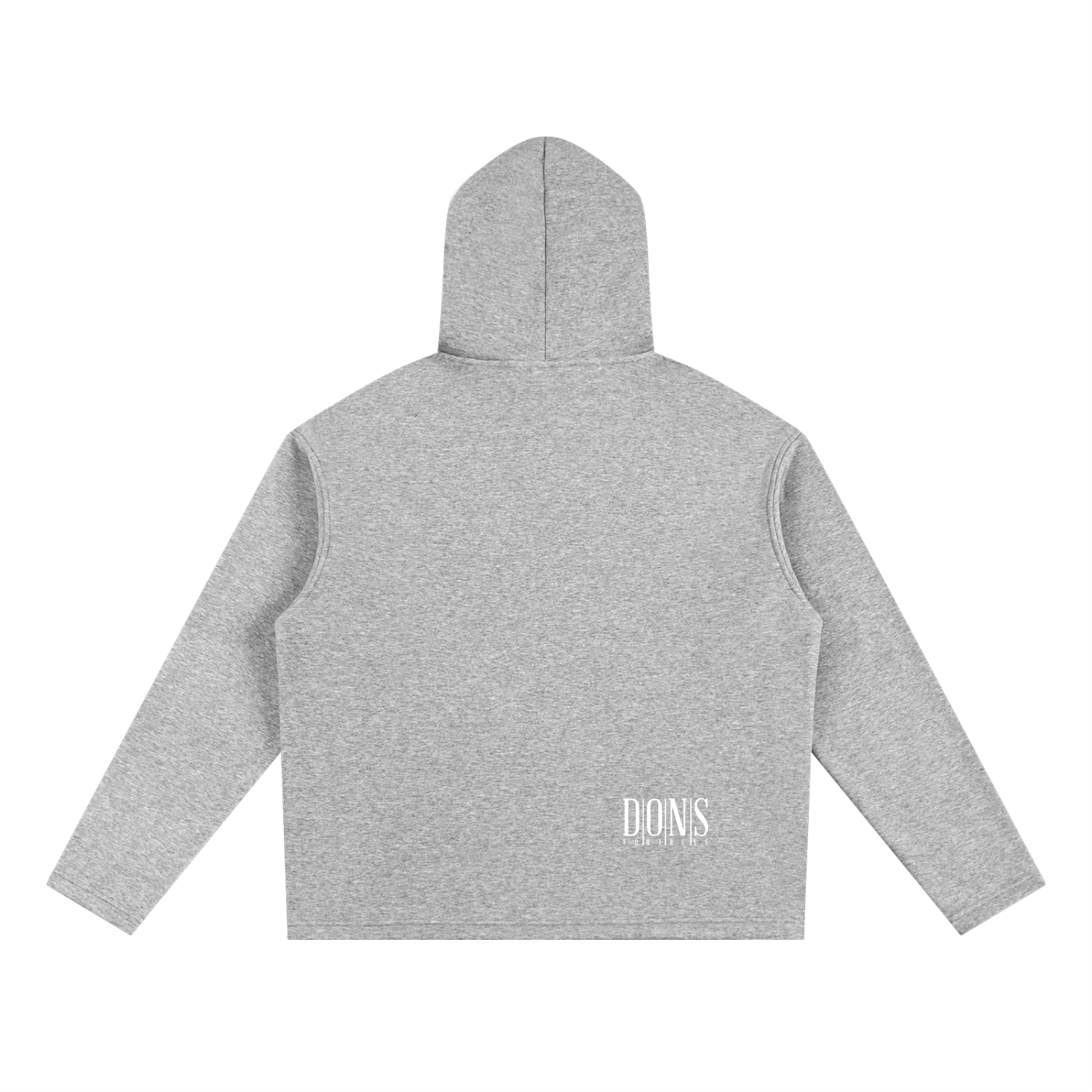 Gray hoodie with logo on the back against a white background