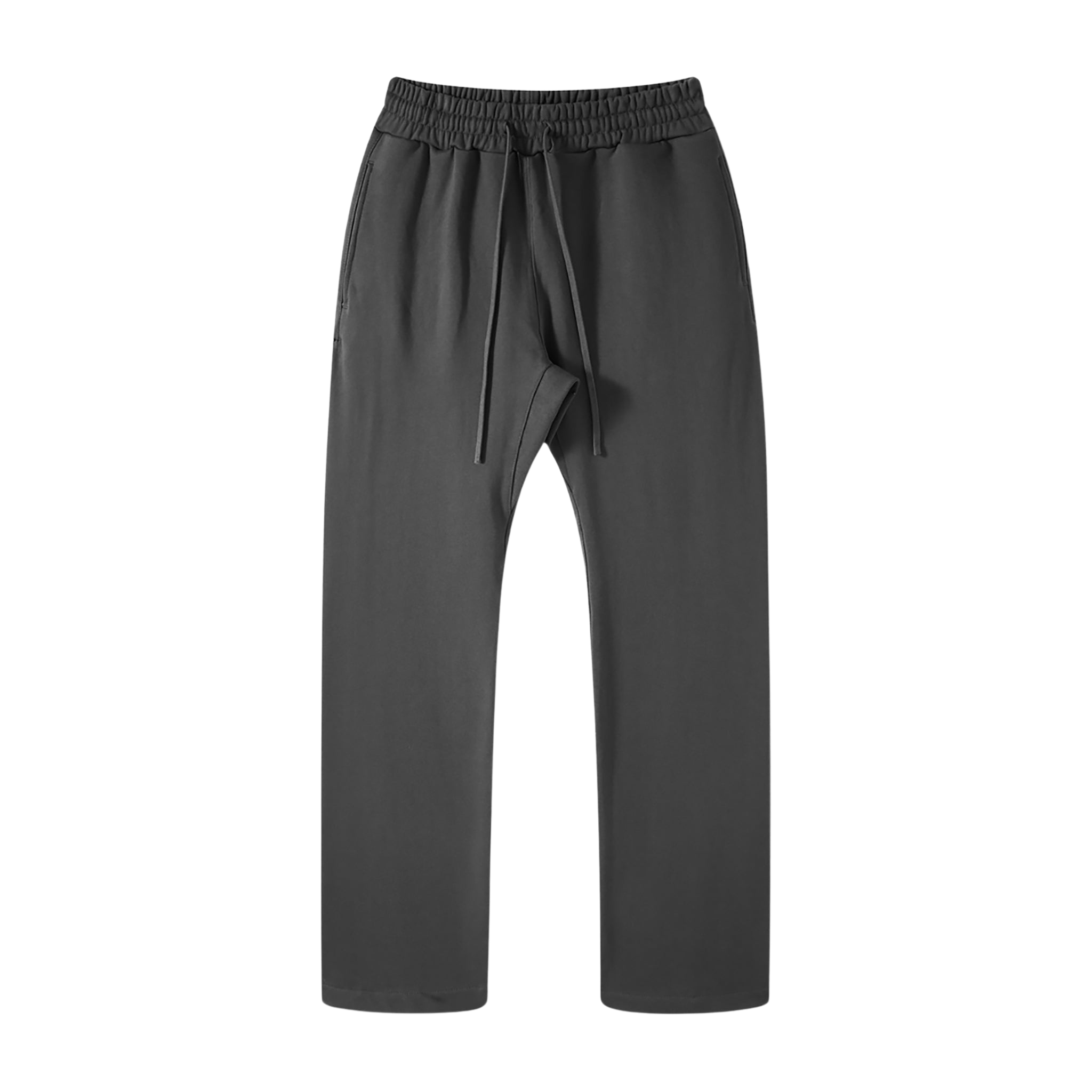 Dark gray pants with a tie waist on a white background