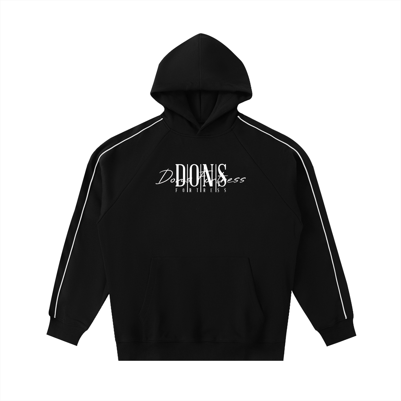 Black hoodie with white accents and a brand logo on a white background