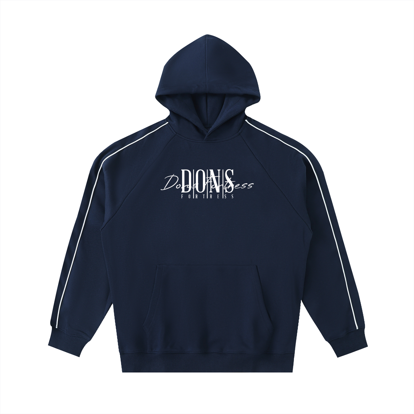 Navy blue hoodie with white accents and text on a white background