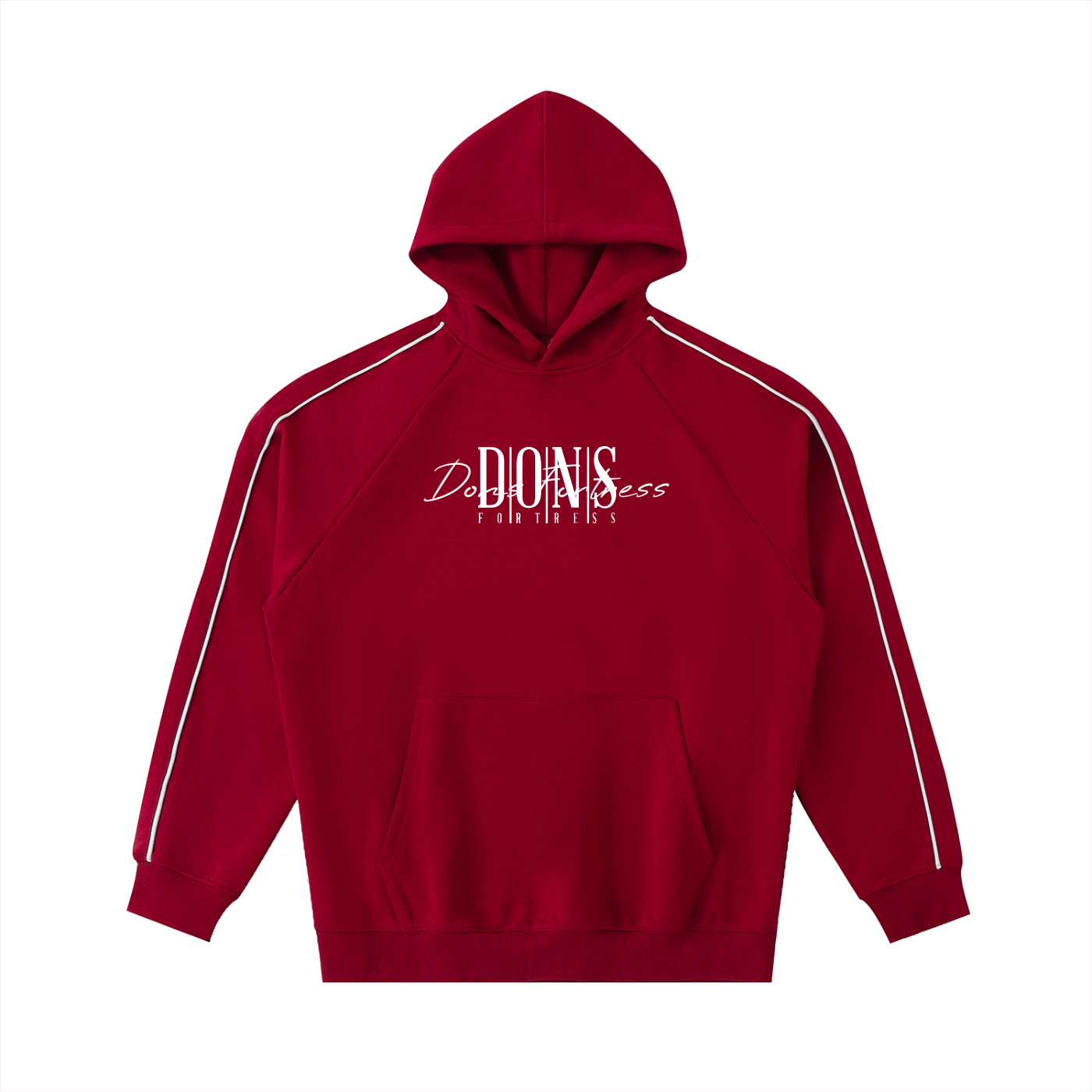 Red hoodie with white text on a white background