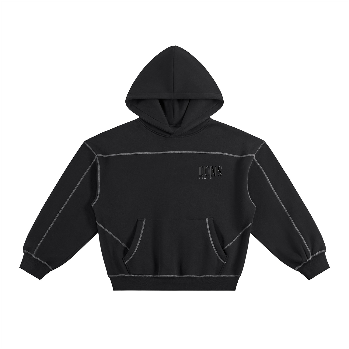 Black hoodie with a small logo on a white background