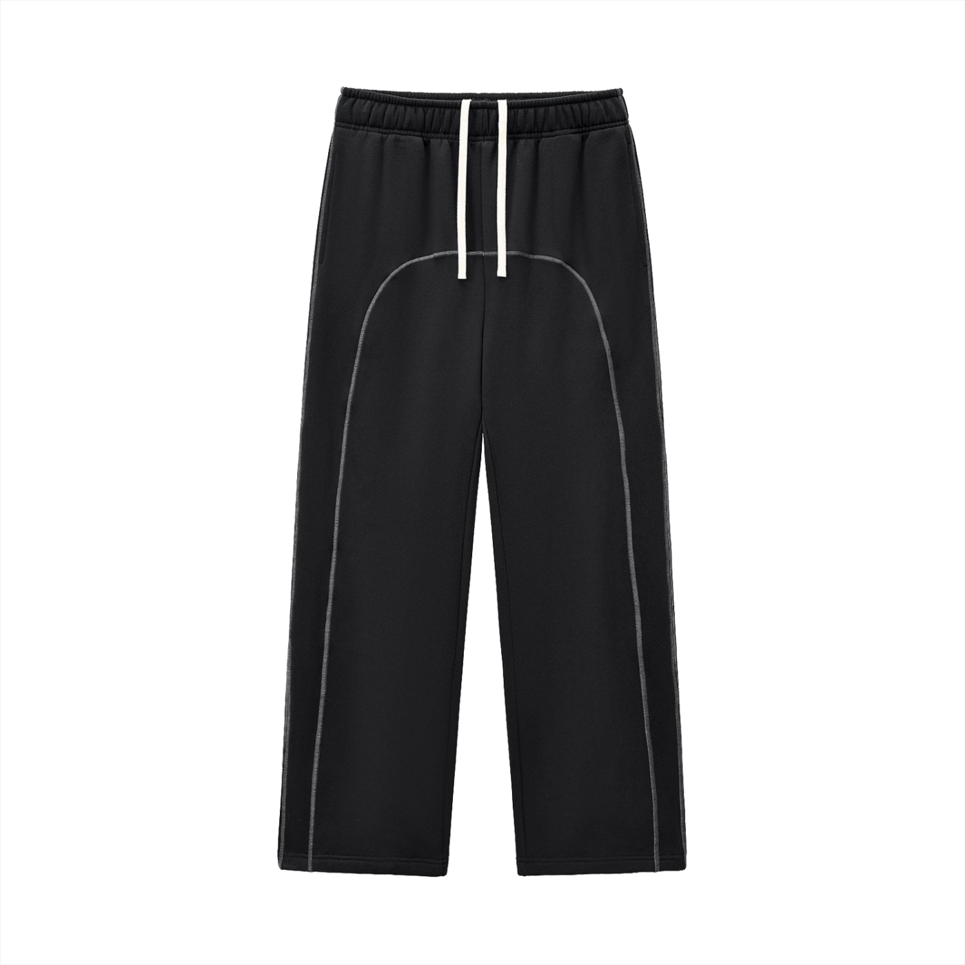 Black pants with white accents on a white background