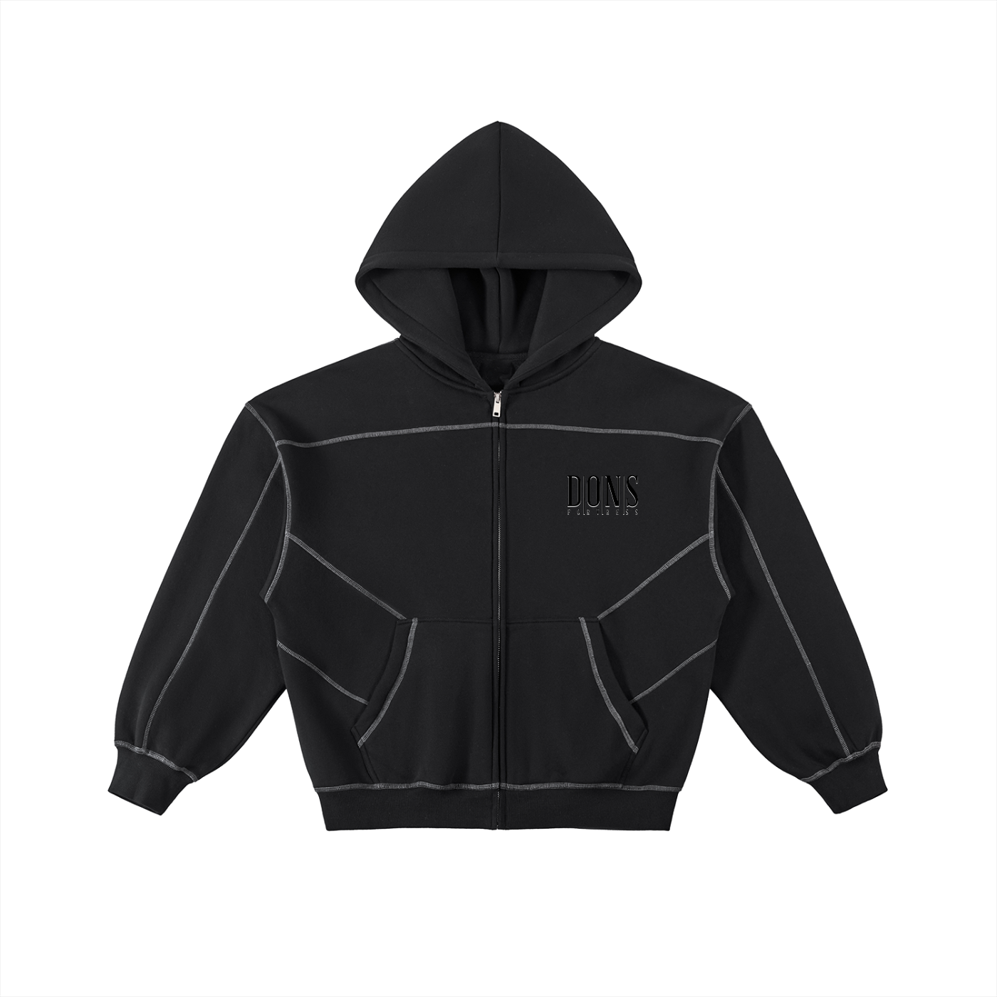 Black hoodie with a brand logo on a white background