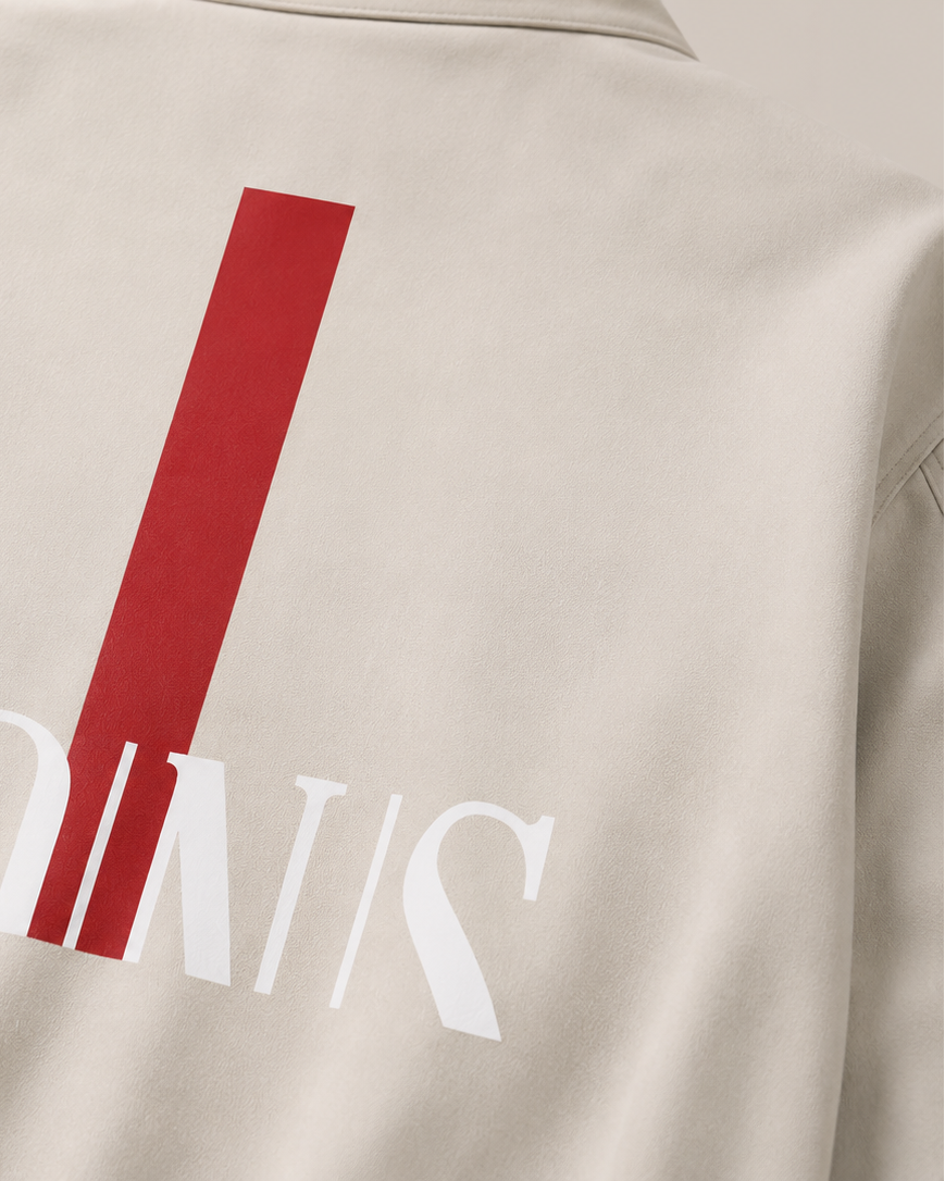 Beige jacket with a red and white logo on the back