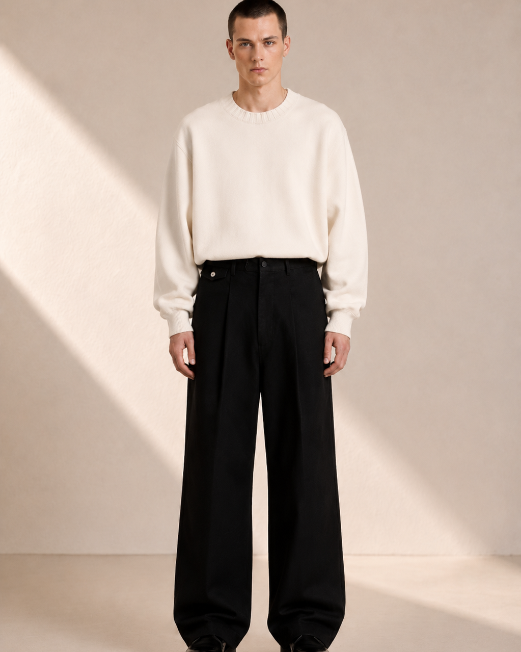 Man wearing a white sweater and black pants standing against a plain background