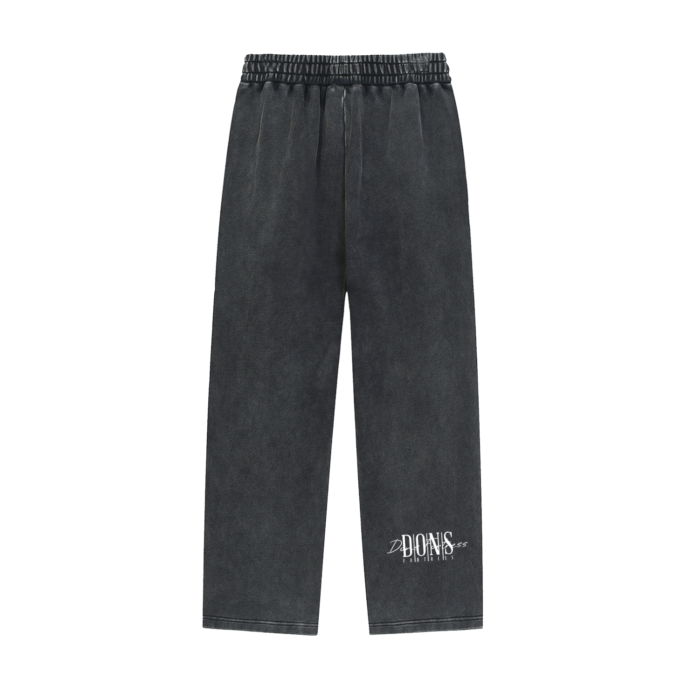 Black pants with a brand logo on a white background