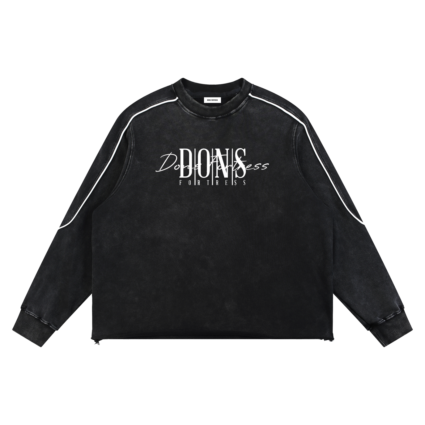 Black sweatshirt with white text on a white background