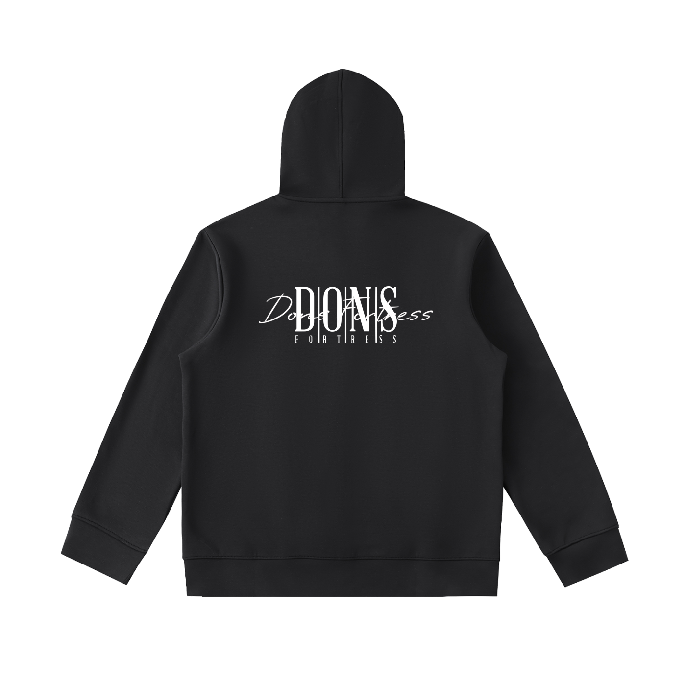 Black hoodie with white text on the back against a white background