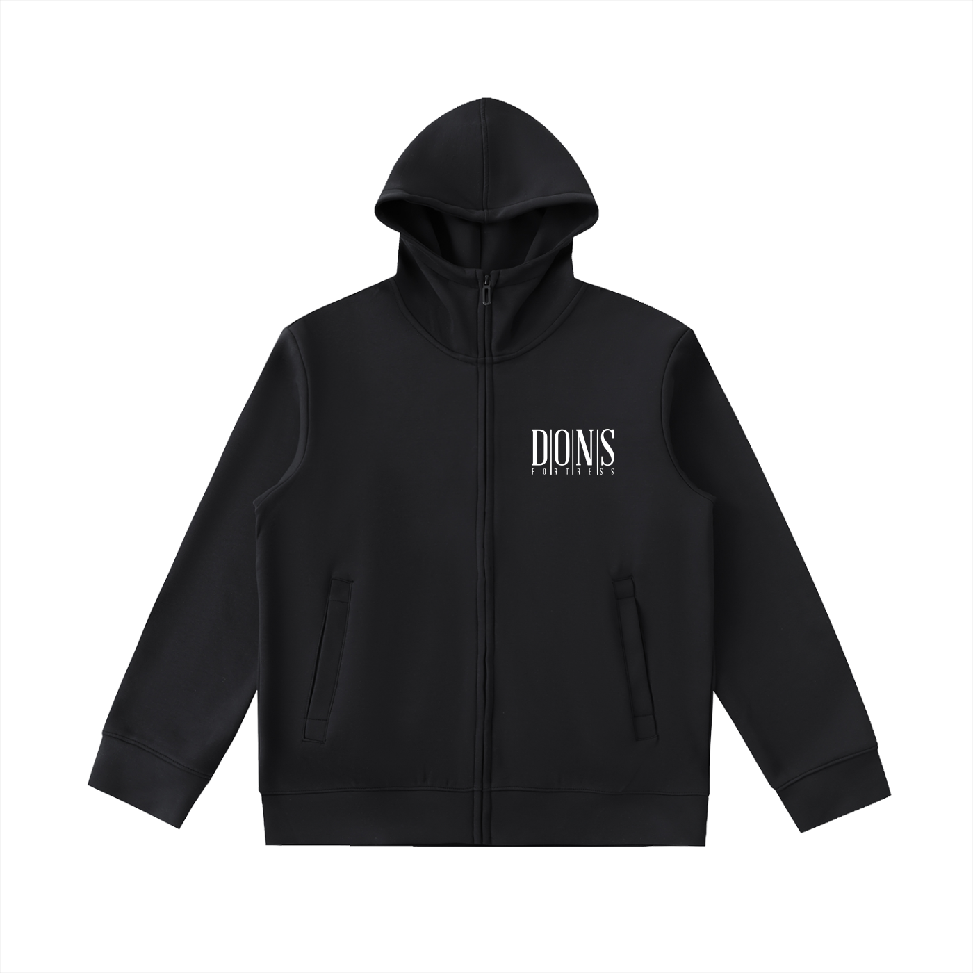 Black hoodie with logo on a white background