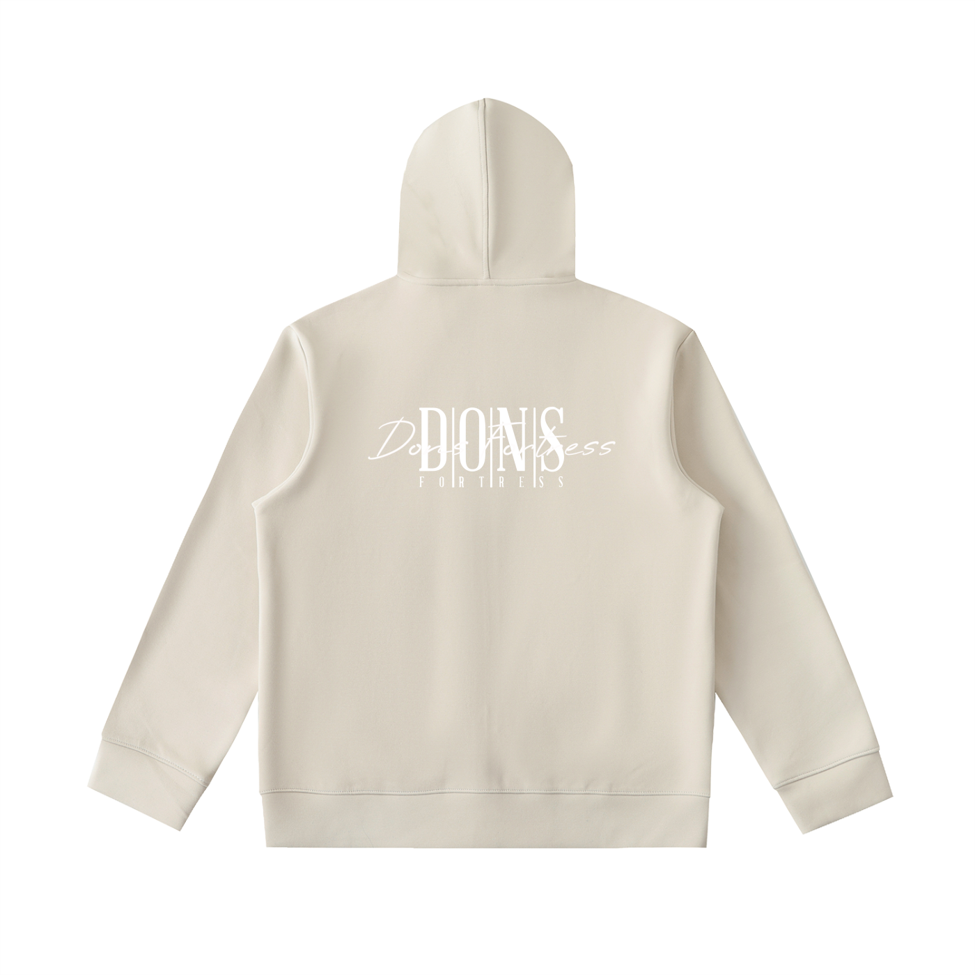 Beige hoodie with text on the back against a white background