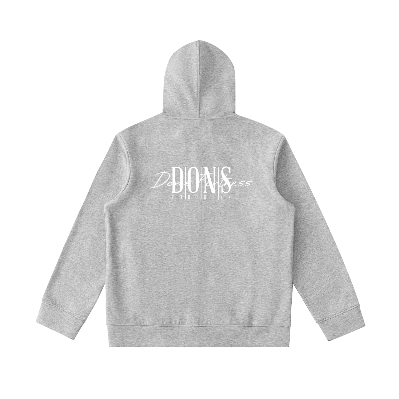 Gray hoodie with logo on the back against a white background