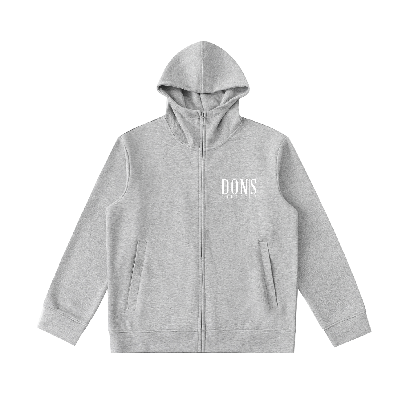 Gray hoodie with a brand logo on a white background