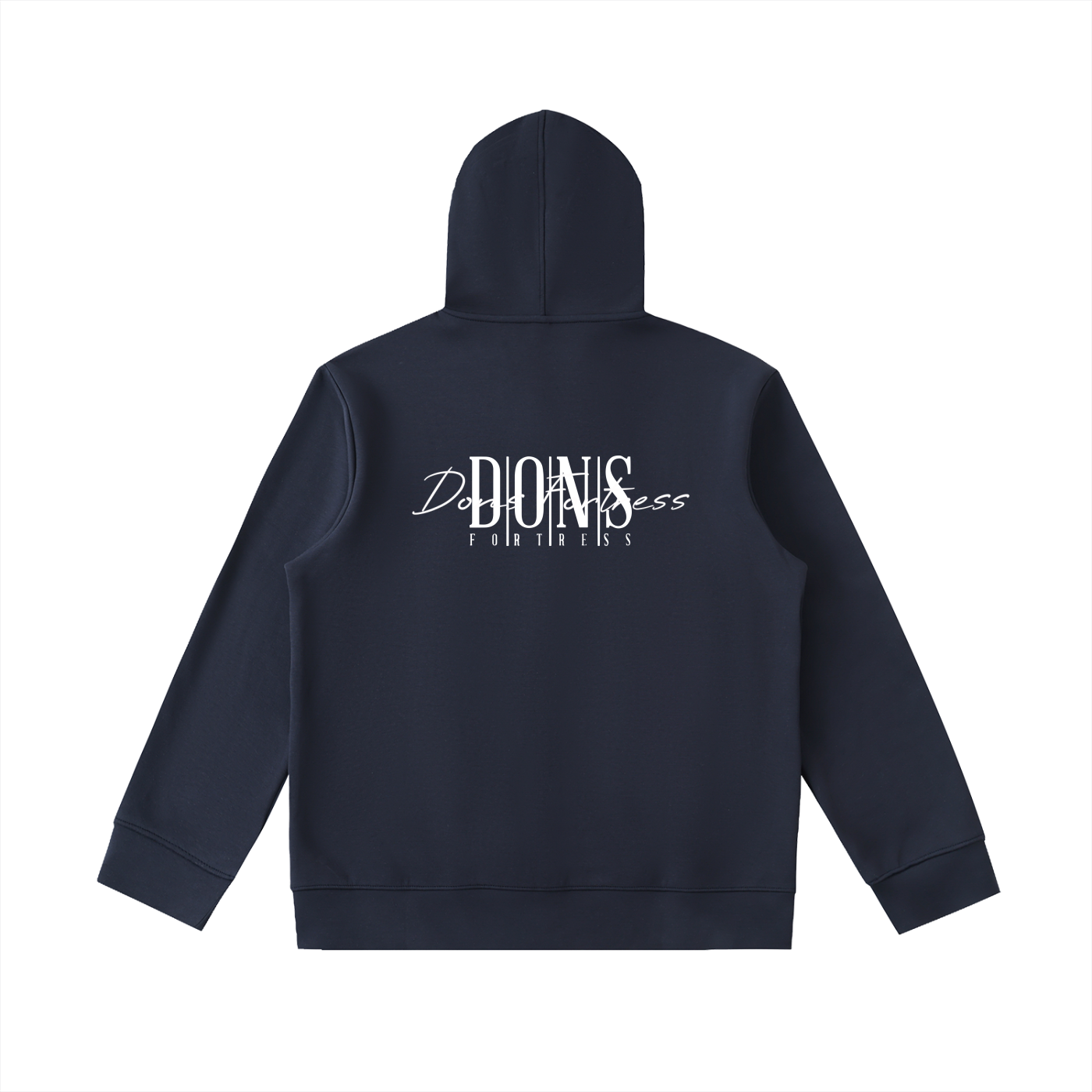 Navy blue hoodie with white text on the back against a white background