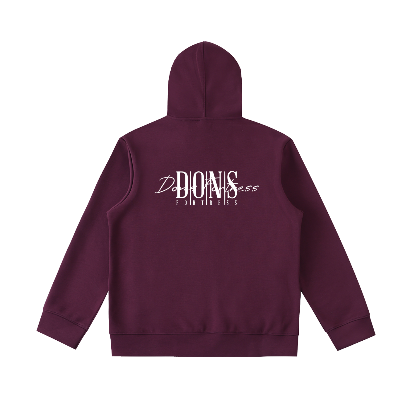 Maroon hoodie with white text on the back against a white background