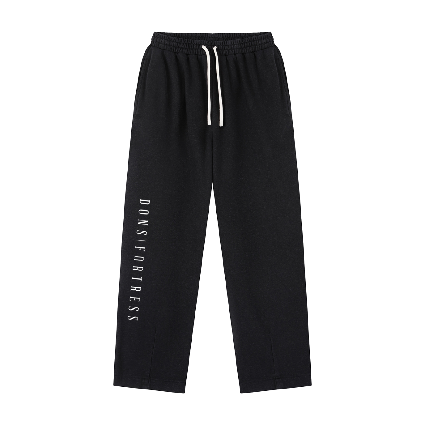 Black pants with a brand logo on a white background