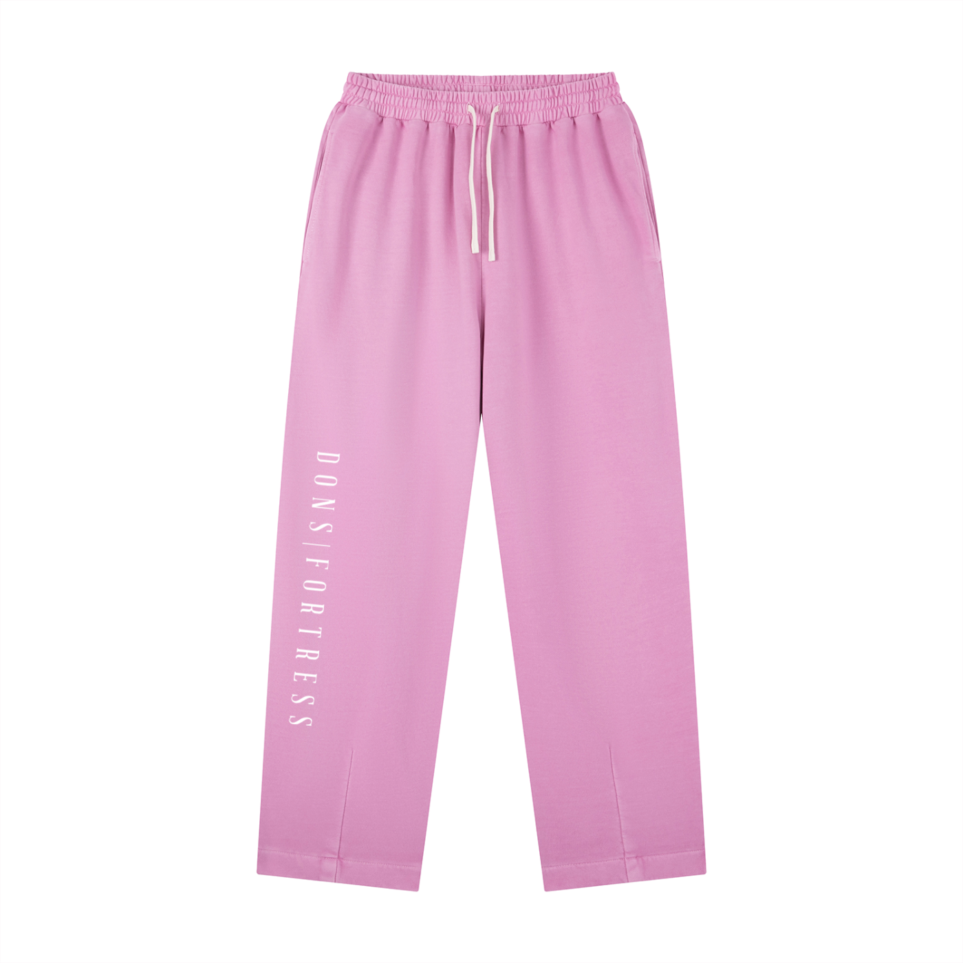 Pink sweatpants with 'Dons Fortress' text on a white background
