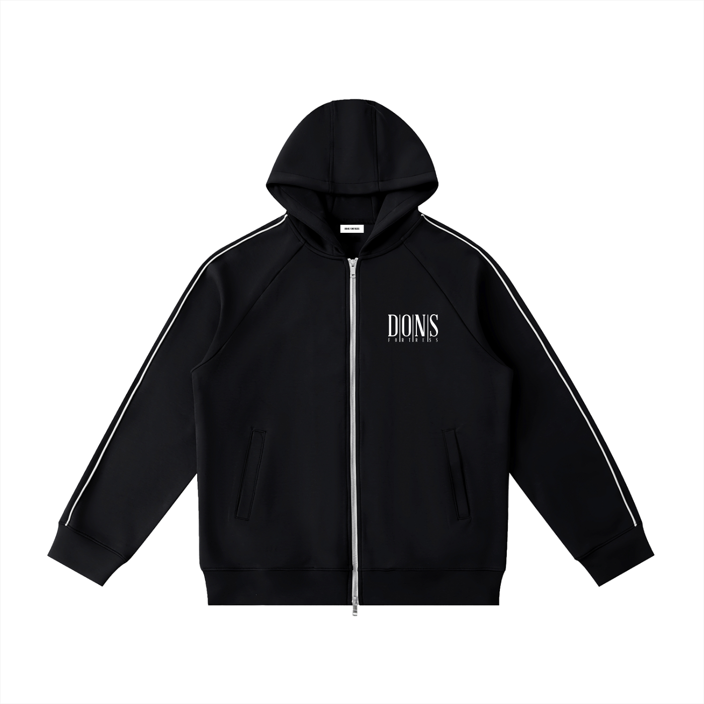 Black hoodie with white stripes on sleeves and logo on chest against a white background