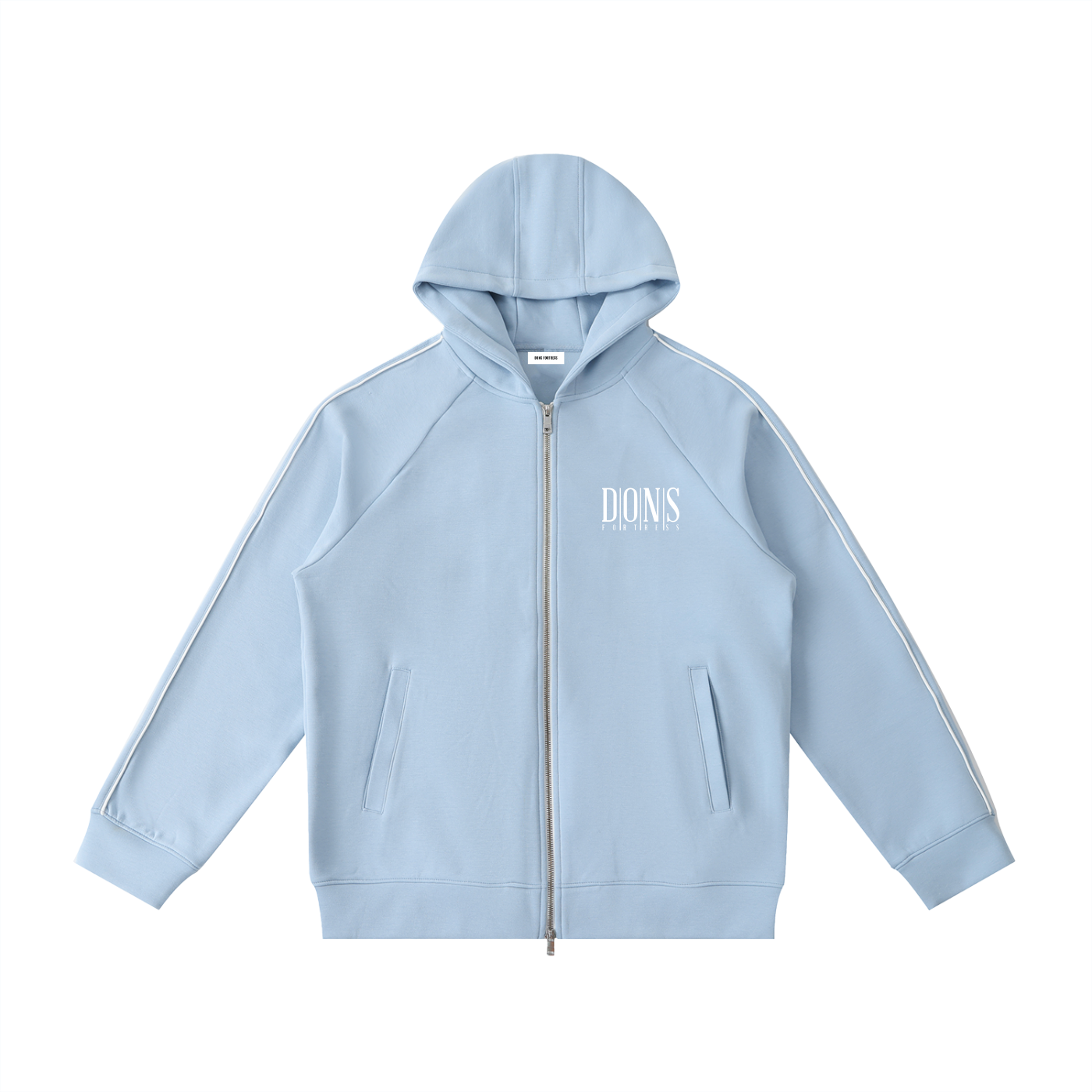 Light blue hoodie with a brand logo on a white background