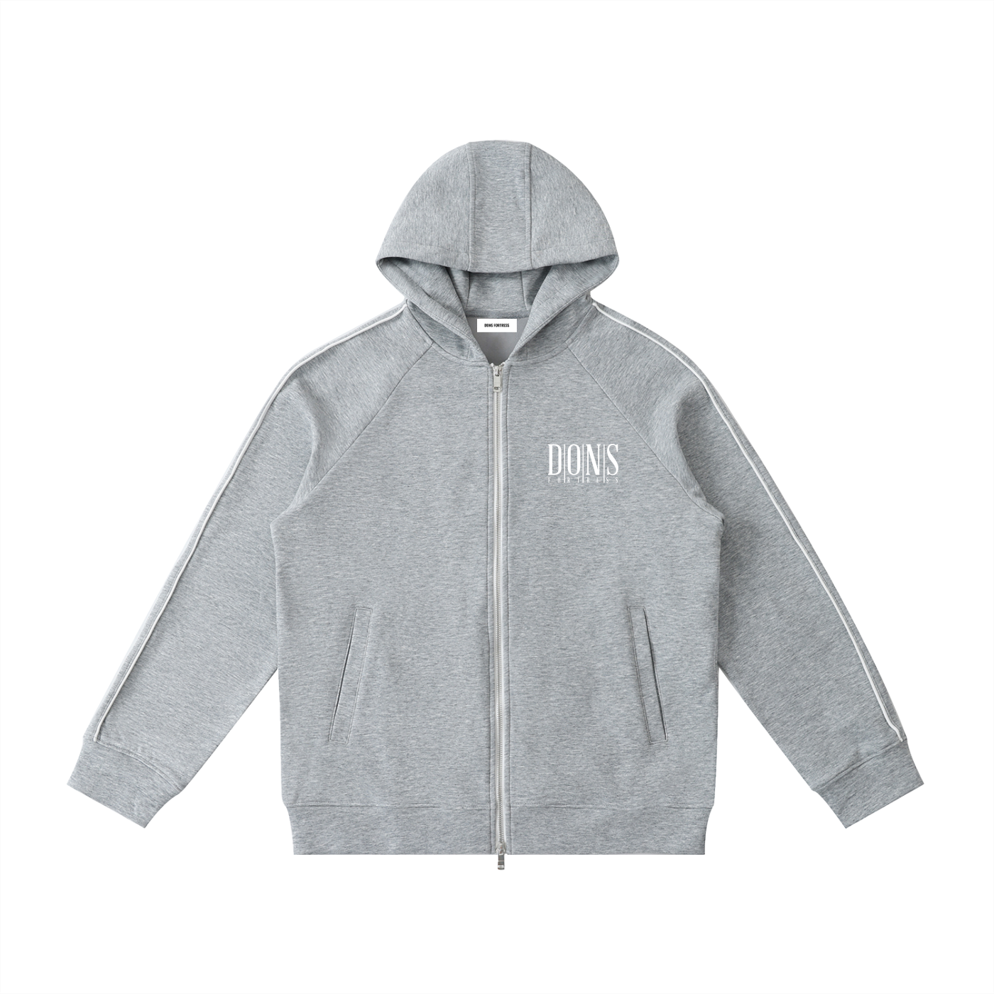 Gray hoodie with a brand logo on a white background