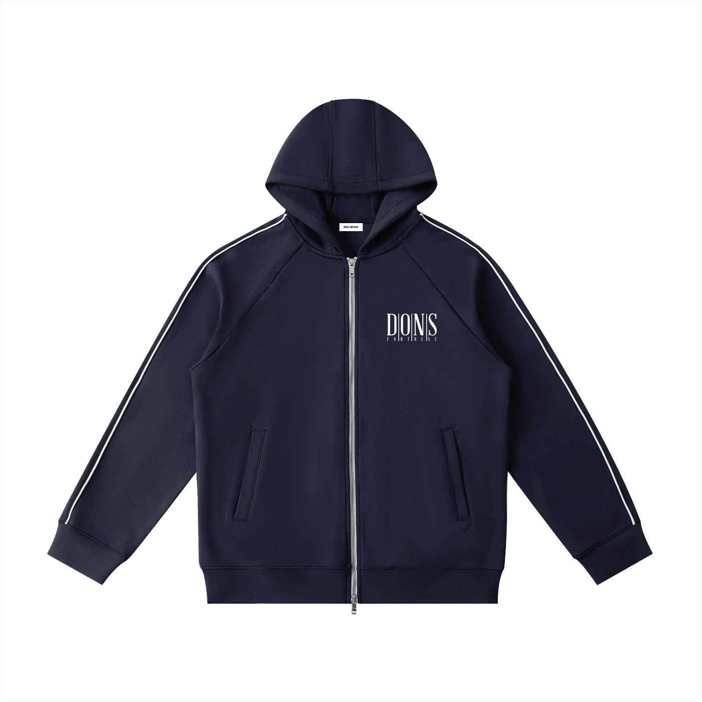 Navy blue hoodie with white stripes on sleeves and logo on chest against a white background