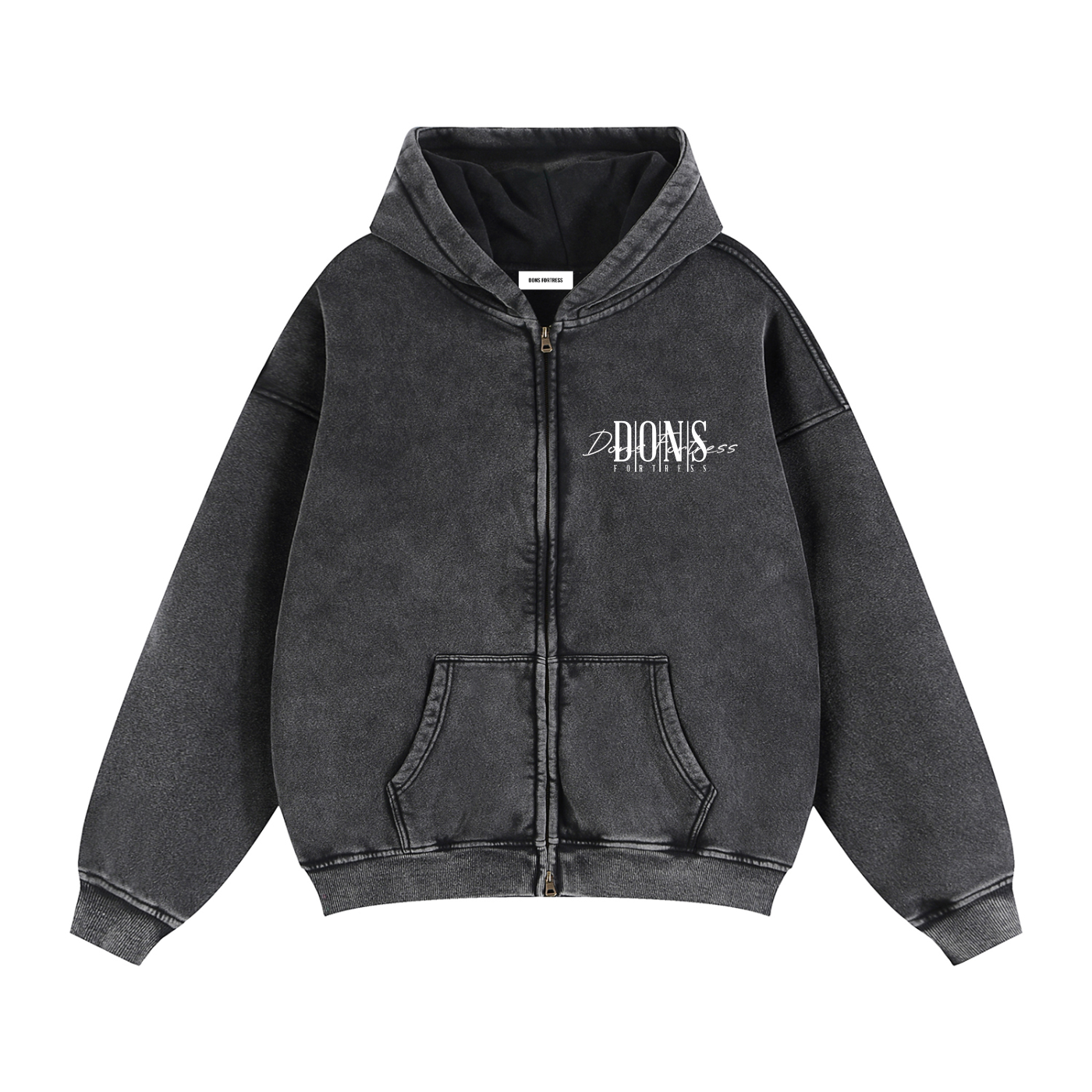 Black hoodie with a brand logo on a white background