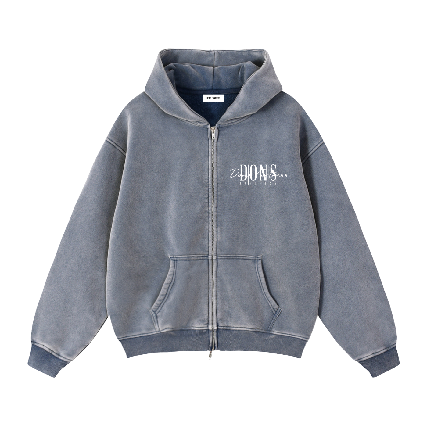 Gray hoodie with a logo on a white background