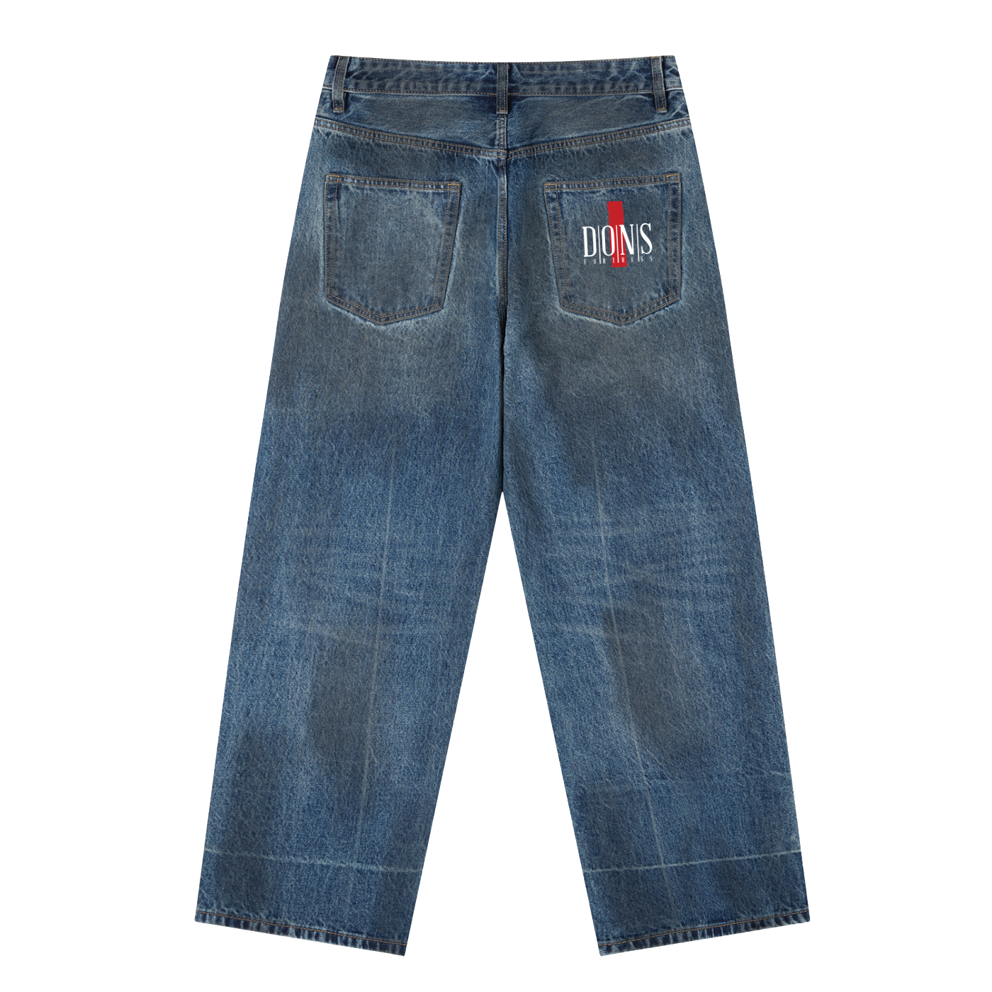 Blue jeans with a brand logo on the pocket against a white background