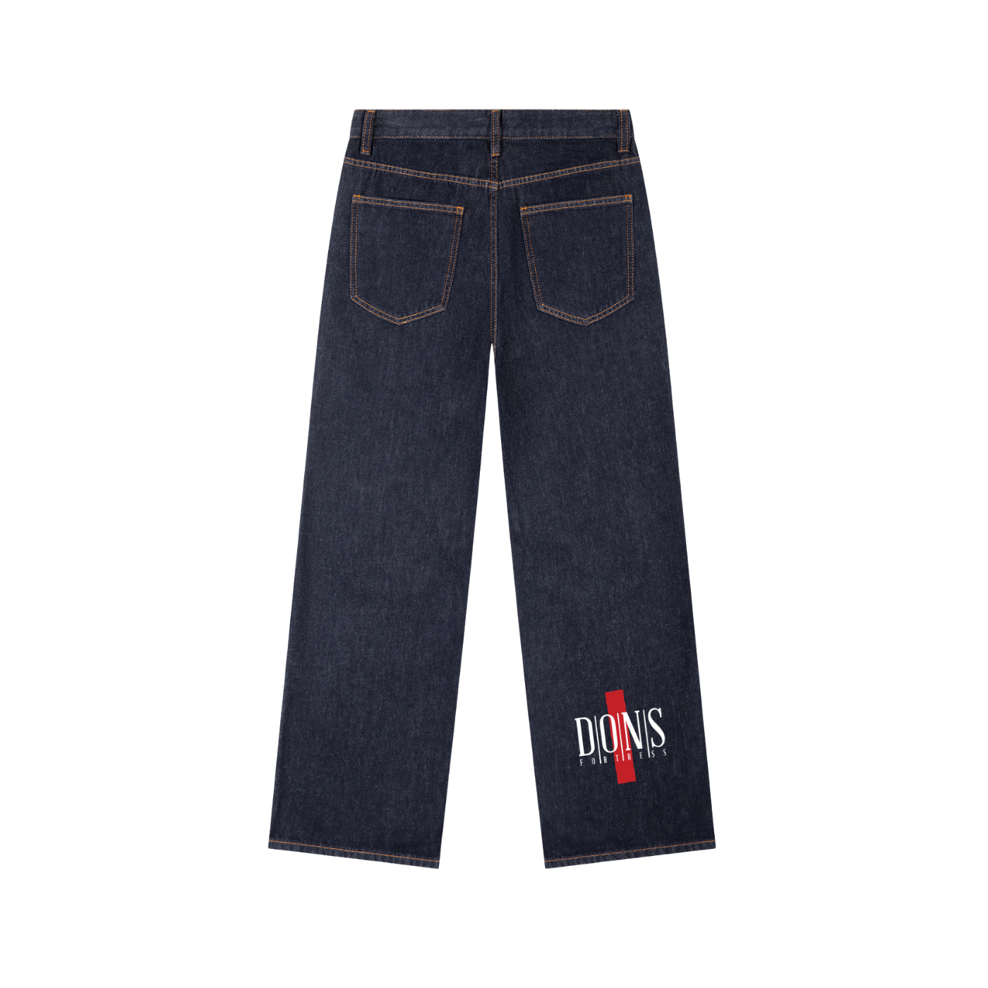 Dark blue jeans with a brand logo on a white background