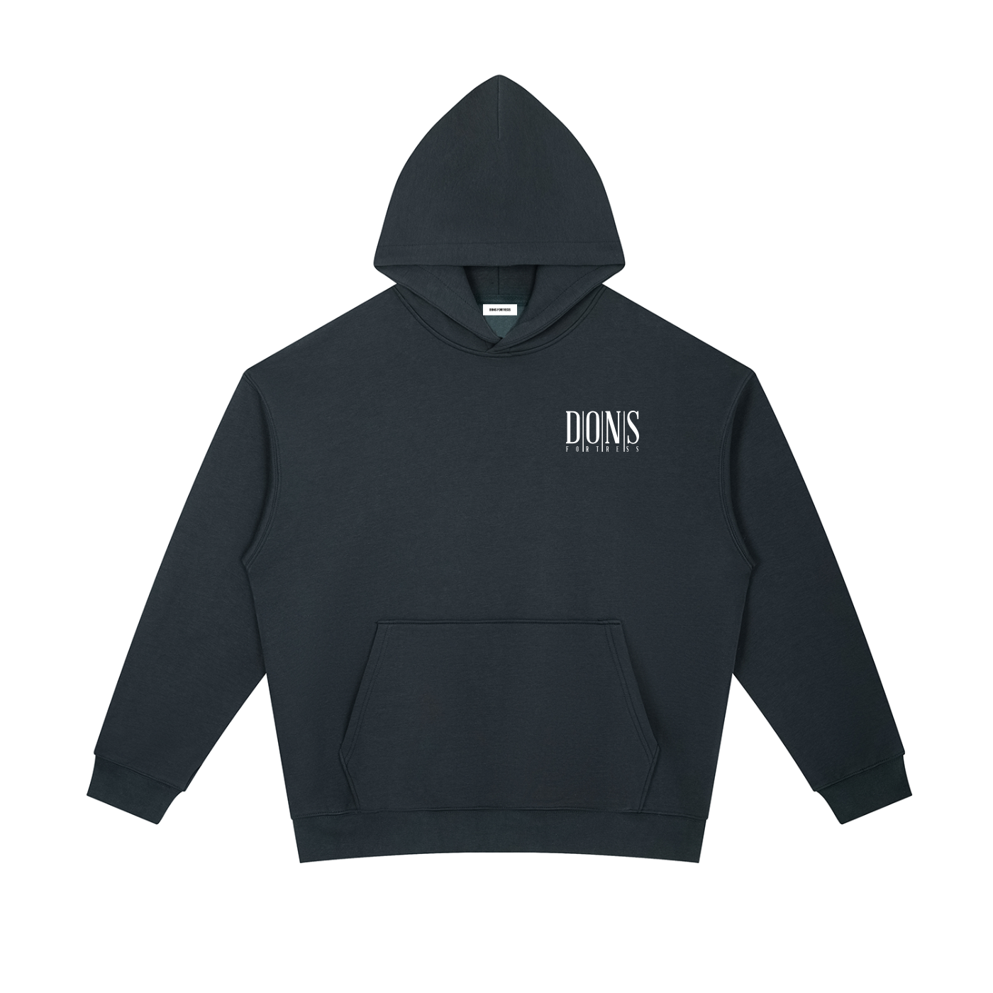 Navy hoodie with a brand logo on a white background