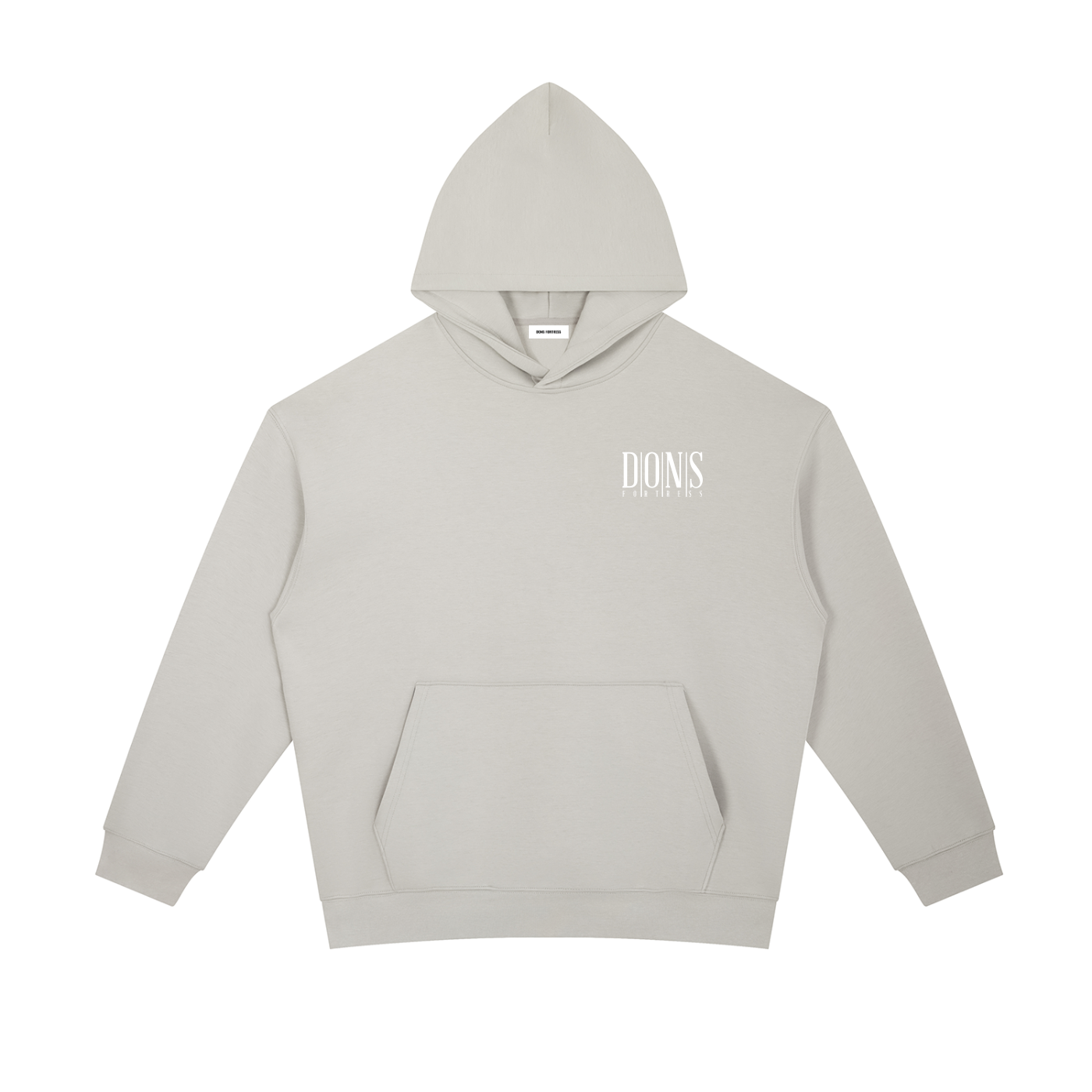 Light gray hoodie with a brand logo on a white background