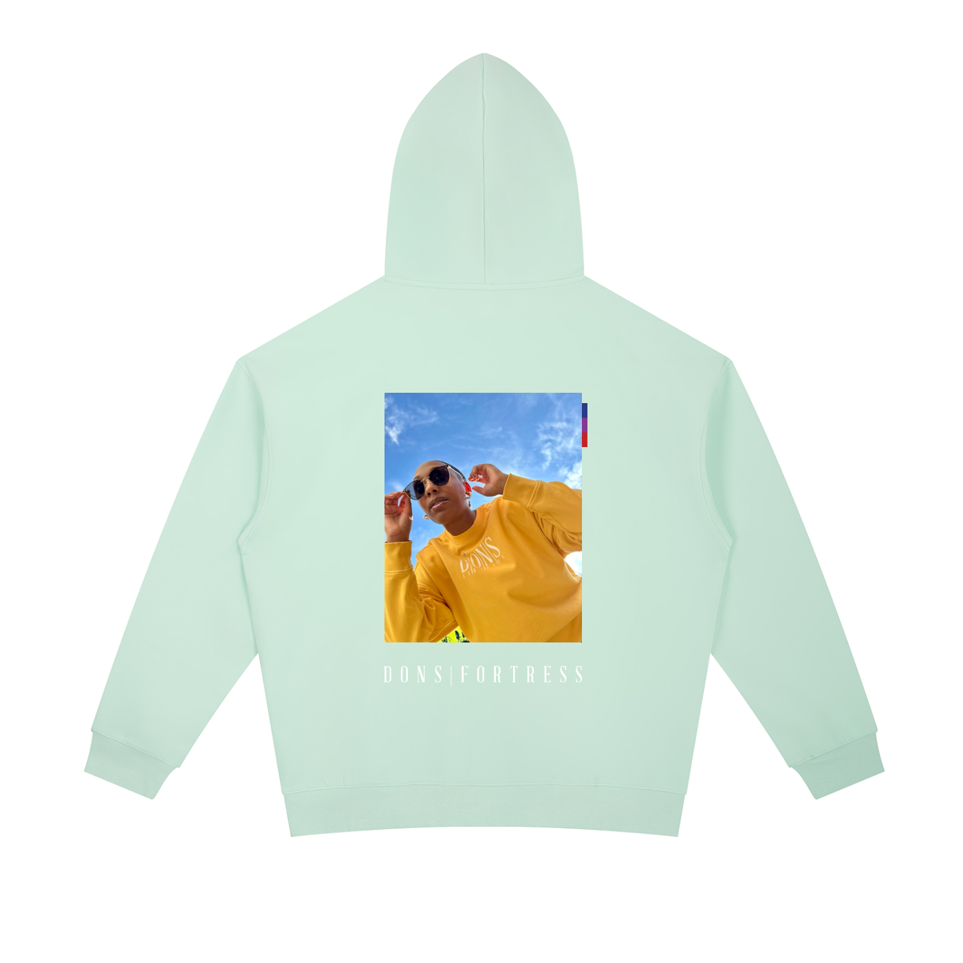Light green hoodie with a printed design on a white background