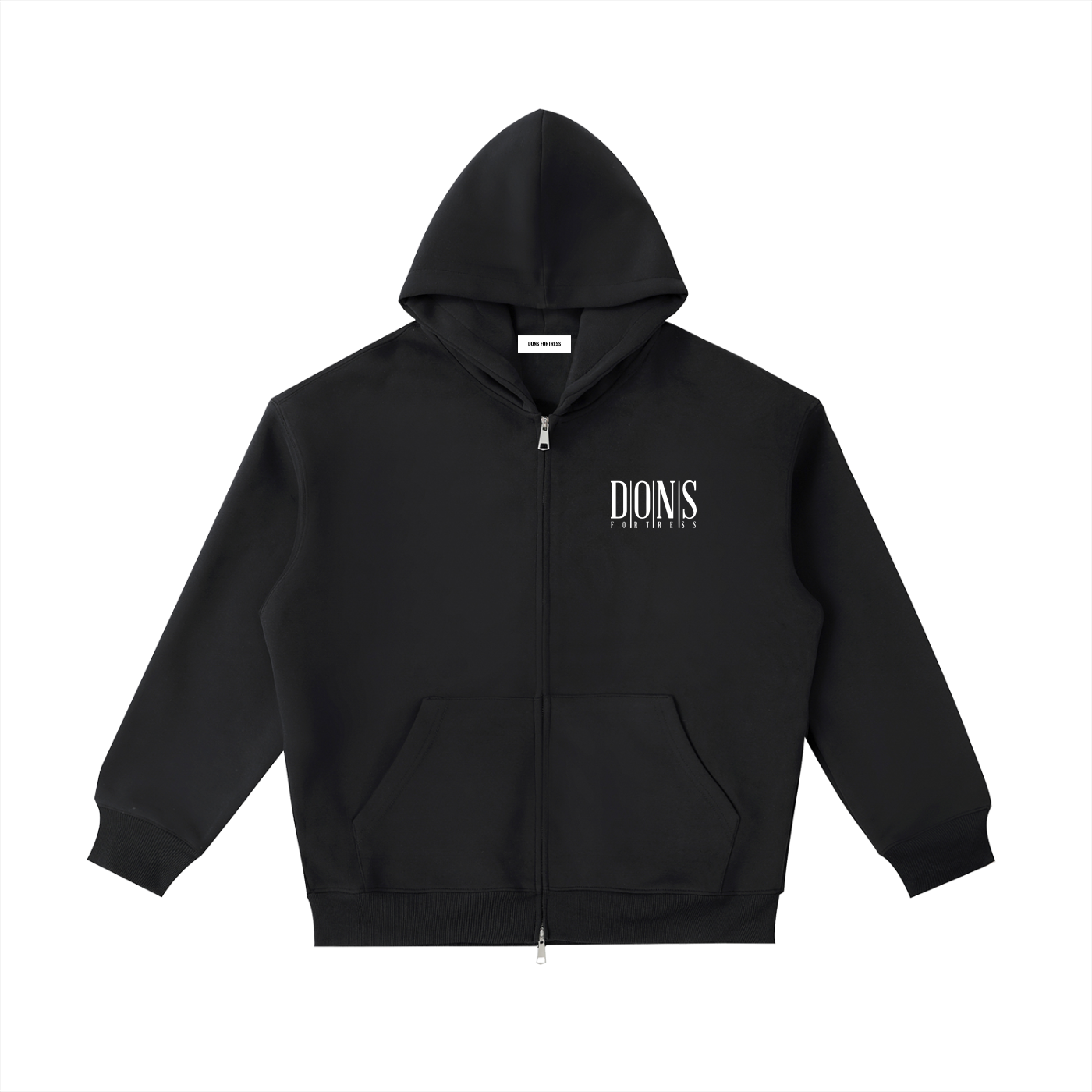 Black hoodie with a brand logo on a white background