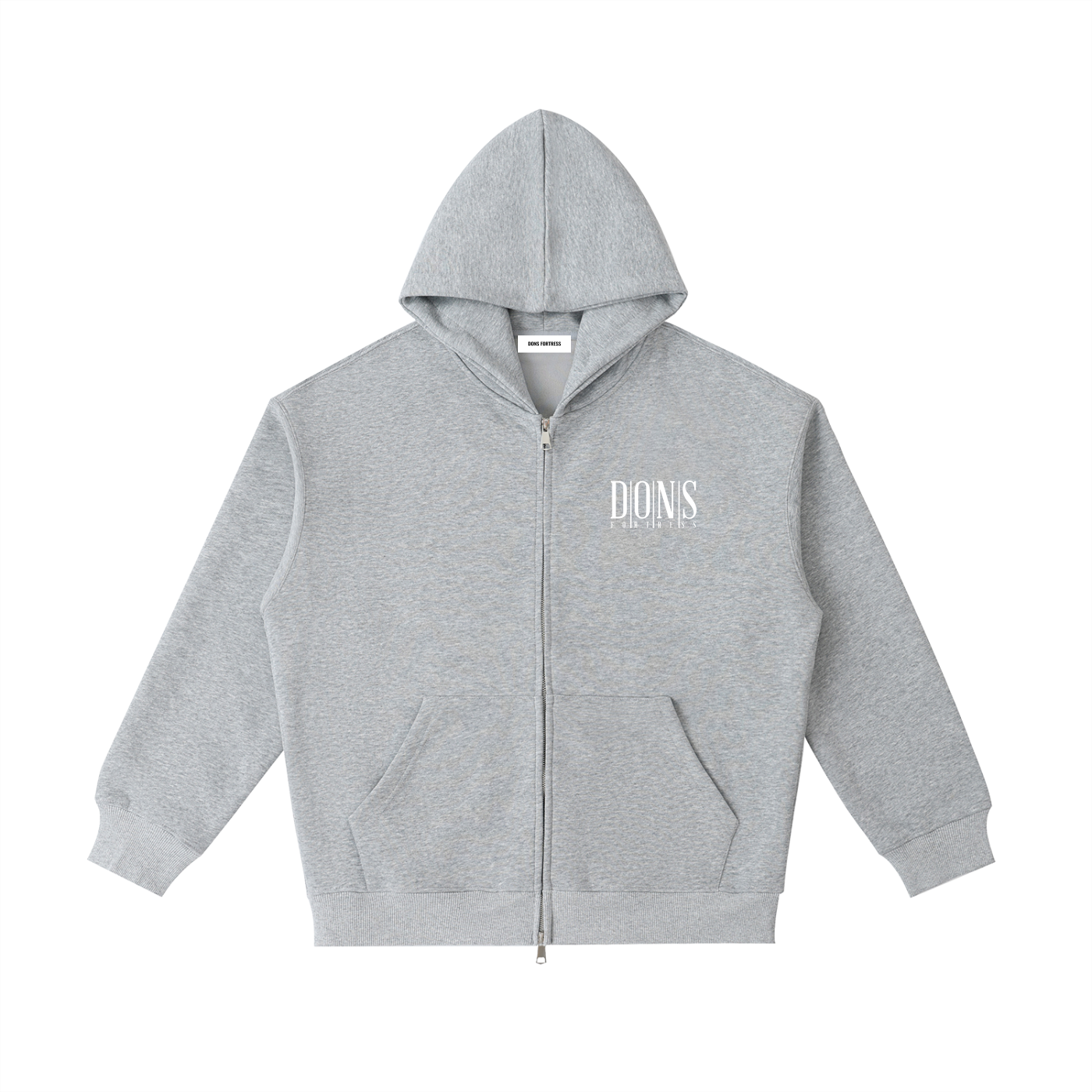 Gray hoodie with a brand logo on a white background