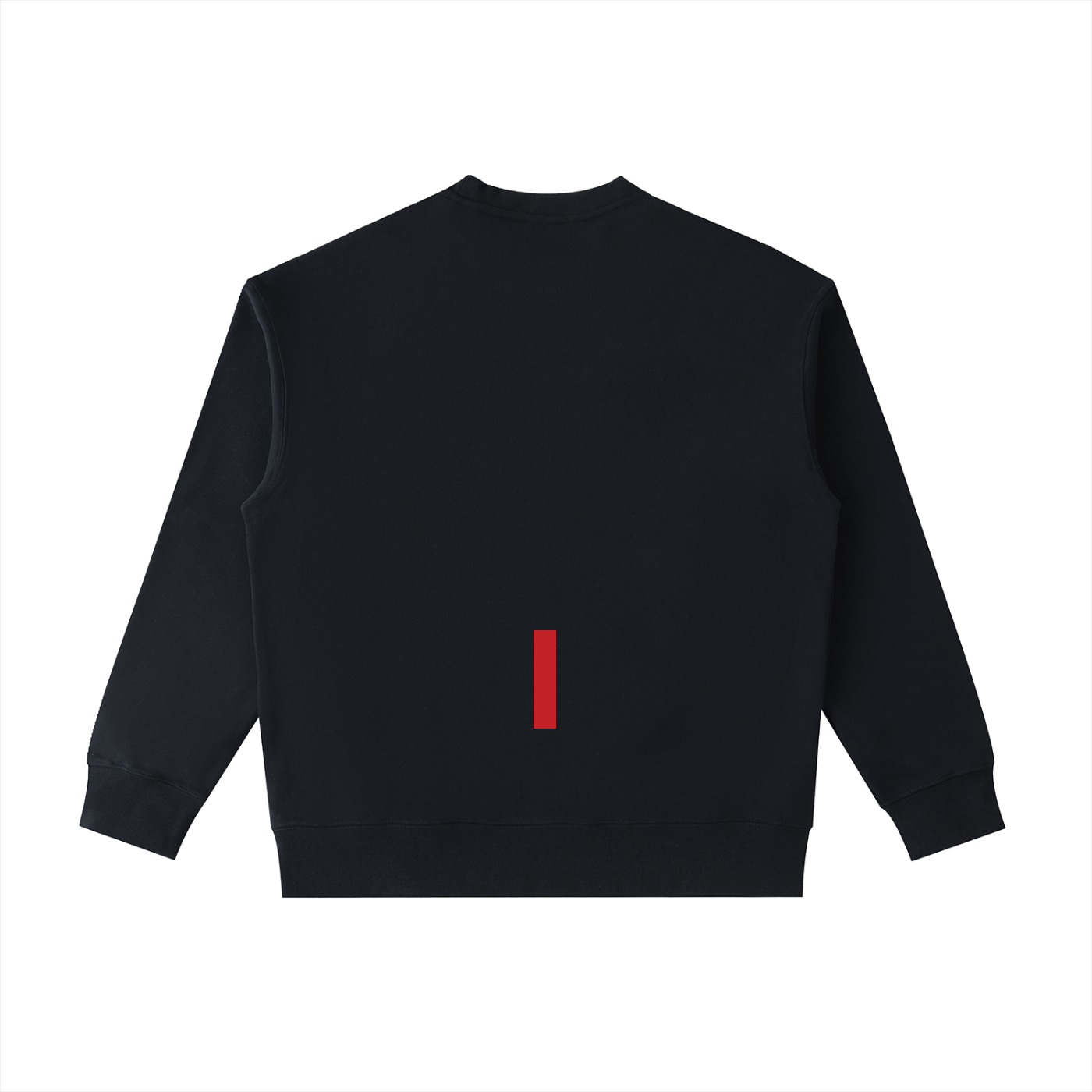 Black sweatshirt with a red rectangular logo on the back against a white background