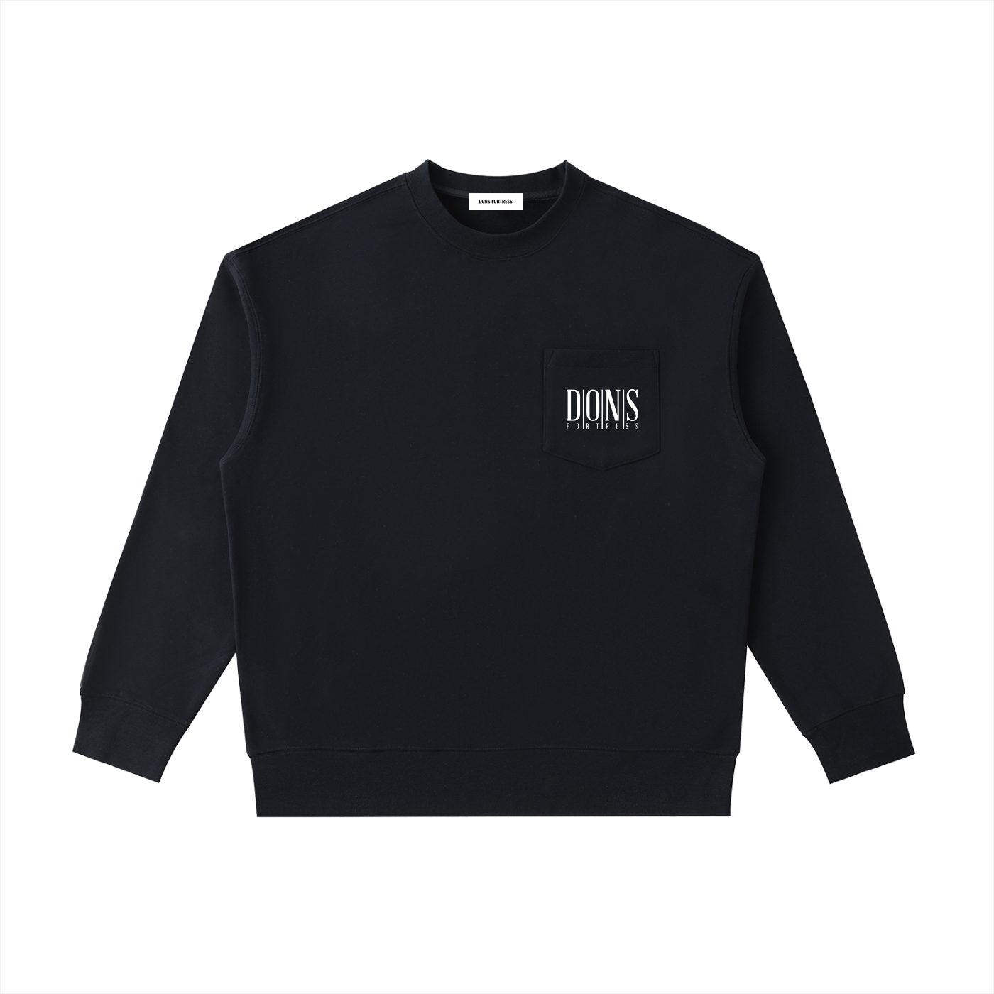Black sweatshirt with a brand logo on a white background