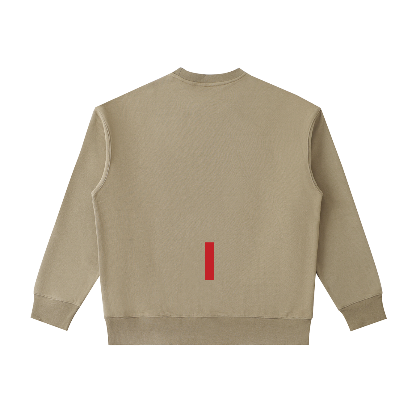 Beige sweatshirt with a red logo on the back against a white background